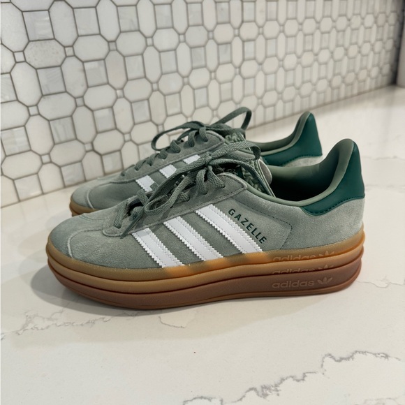 adidas Shoes - adidas Gazelle Sage Green with White Stripes and Gum Sole